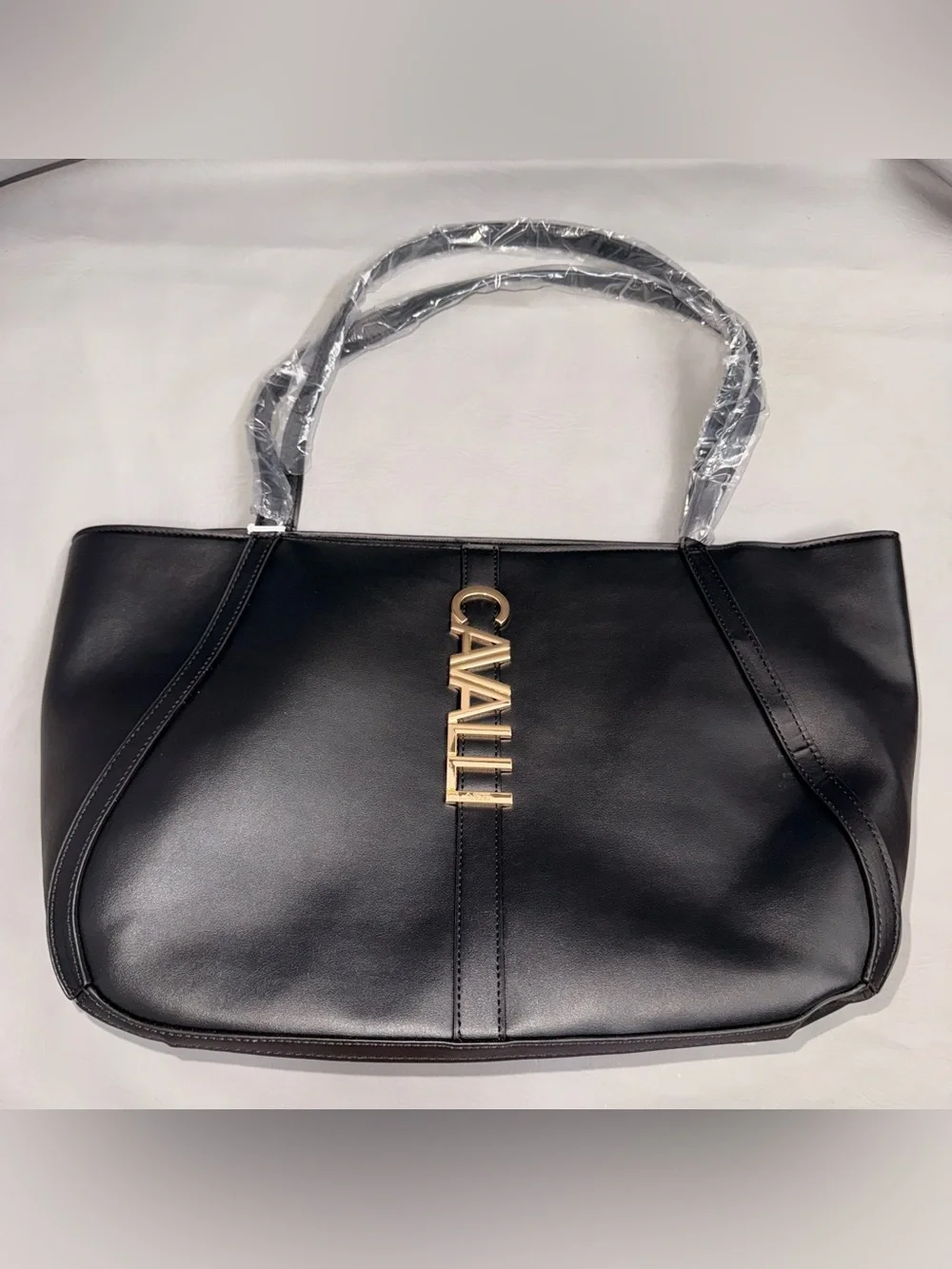 Cavalli Class Black Leather Tote Bag‎ with Gold Logo